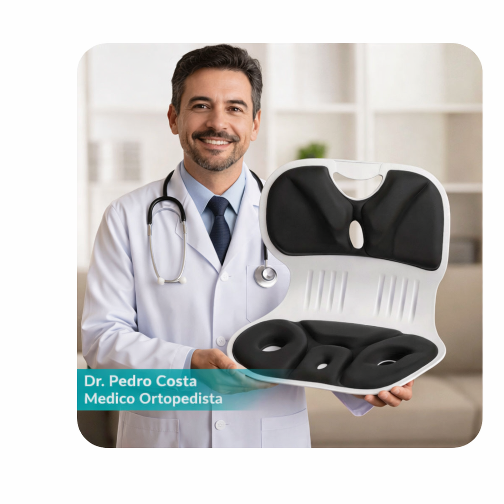 Dr. Pedro Costa, Medico Ortopedista, segurando a Cadeira Ergo Lombar